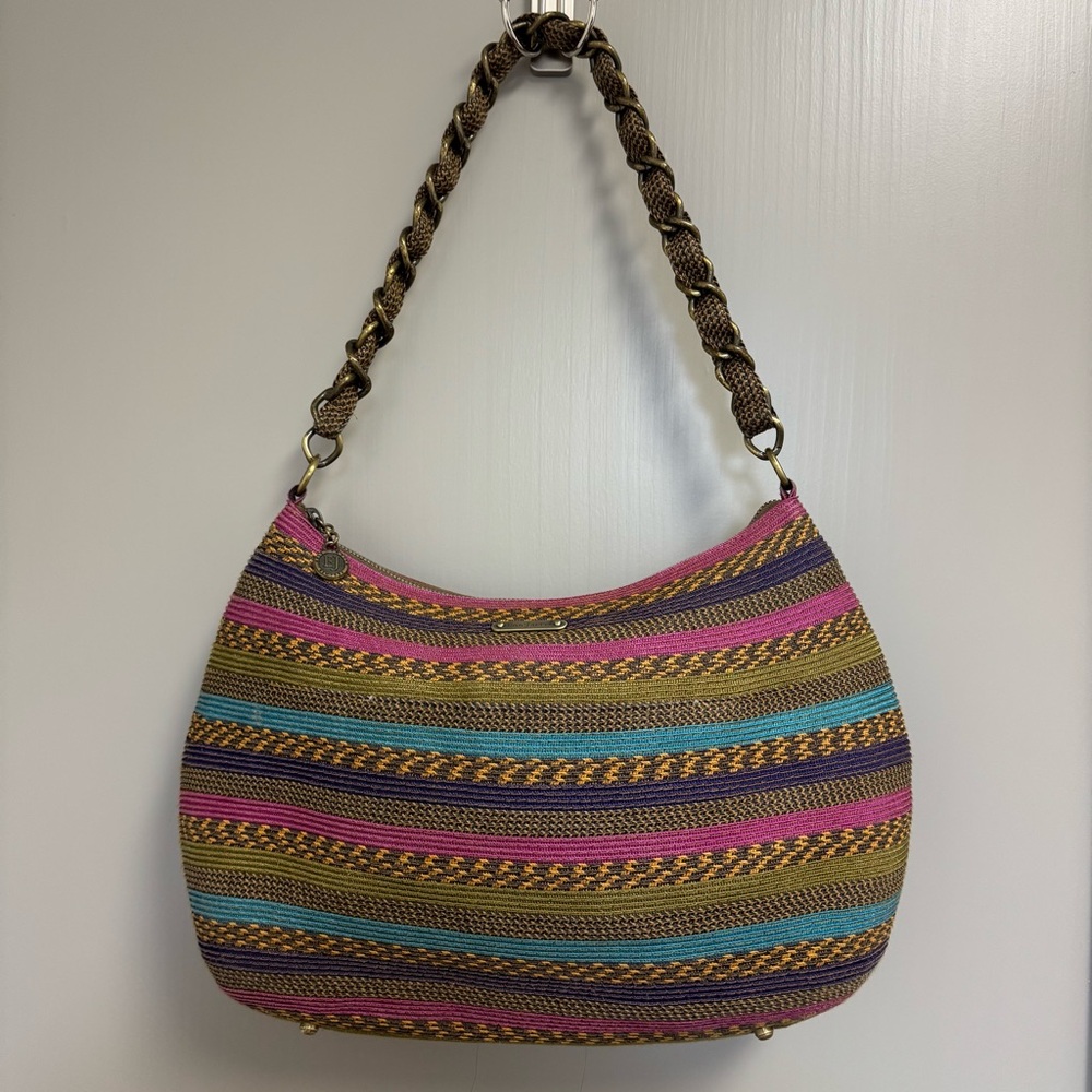 Eric Javits New York Squishee Striped Straw Chain‎ Strap Hobo Bag